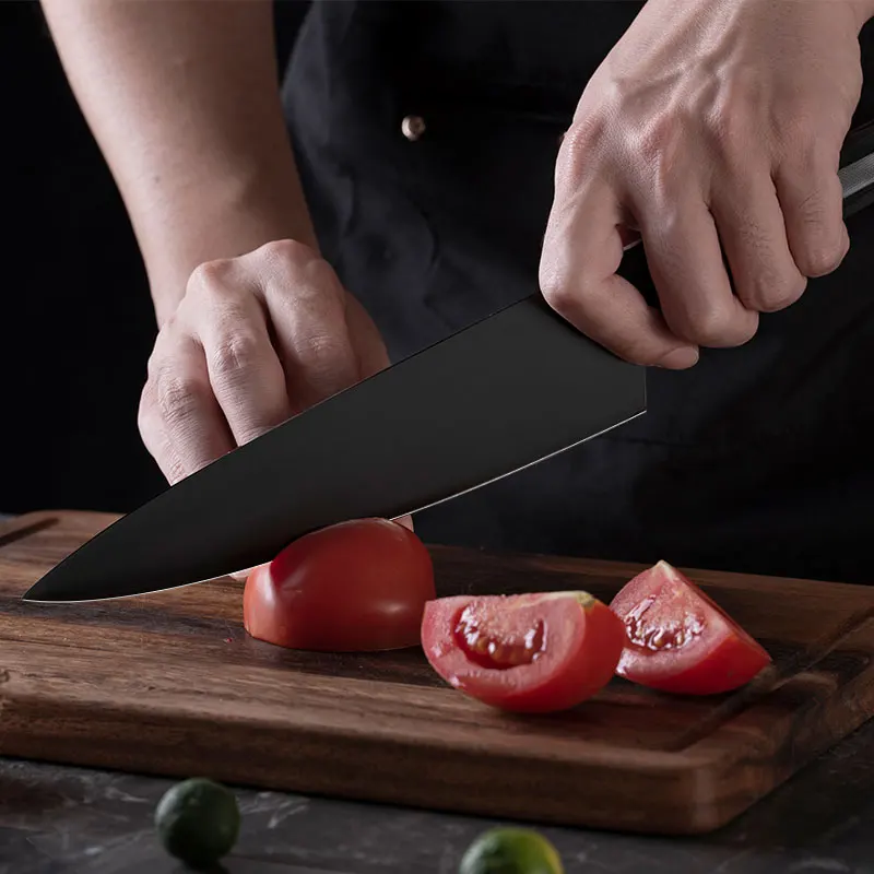 Premium 8 inch black titanium nitride non-reflective coating 7Cr17 MOV full tang chef knife with G10 CNC handle
