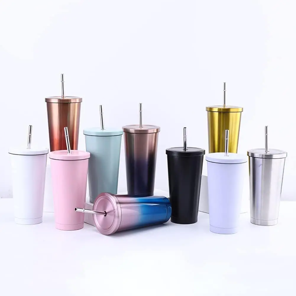 Ready to ship simple 304 stainless steel 500ml /750ml coffee straw cup sublimation blanks slim cups tumbler with  lids and straw