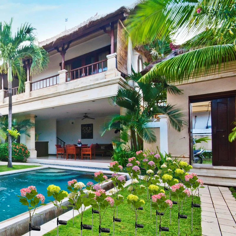 Led solar outdoor colorful decoration hydrangea light garden lawn landscape light plastic flowers artificial flowers light