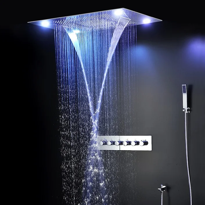 waterfall 600*800 MM Ceiling Concealed Mounted rainfall rain curtain mist led shower set stainless steel thermostatic shower
