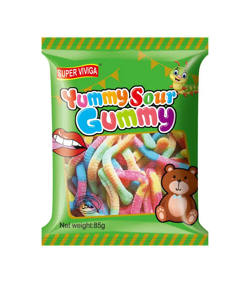 Chinese Candy Wholesalers Custom Halal Sugar Coated Bulk  Sour Worm Shape Jelly Gummy Candy