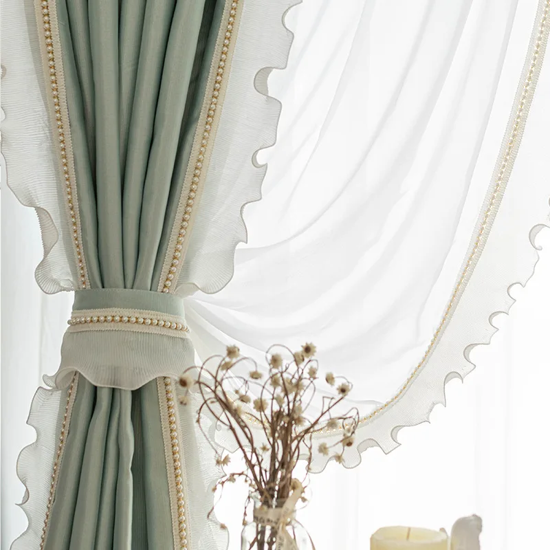 French Rococo light luxury romantic tend curtain cheap thickened shading Green grey velvet embroidered lace curtains for bedroom