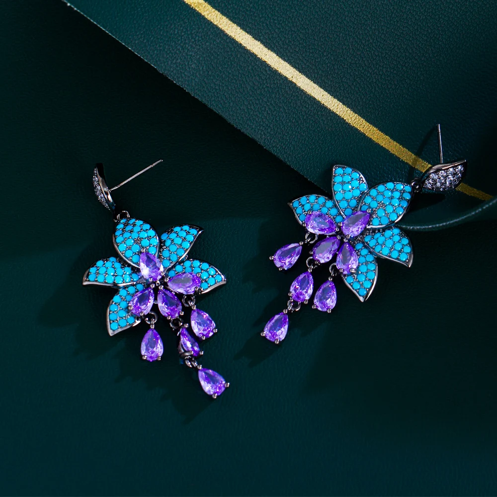 Unusual Design 2024 Party Cubic Zircon and Turquoise Stone Long Drop Purple Earrings for Women Jewelry Accessories