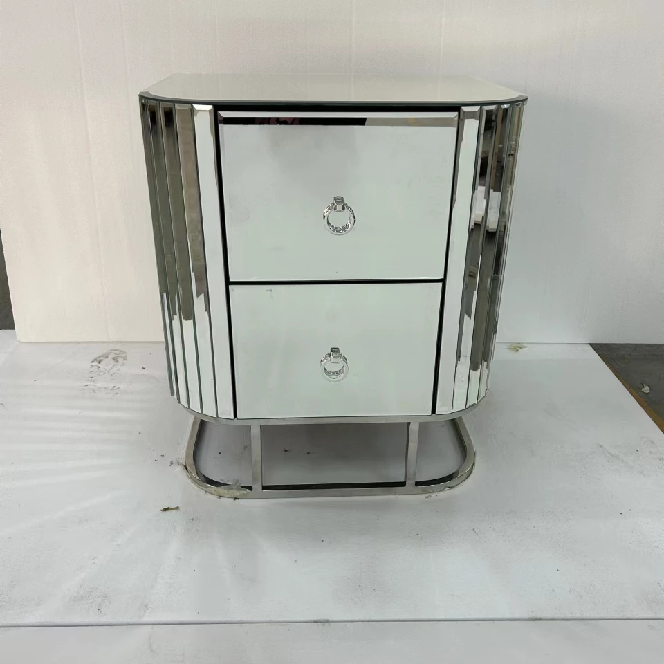 Quality  Champagne Silver Modern Furniture Metal Base Nightstand With 2 Drawers mirrored bedside table