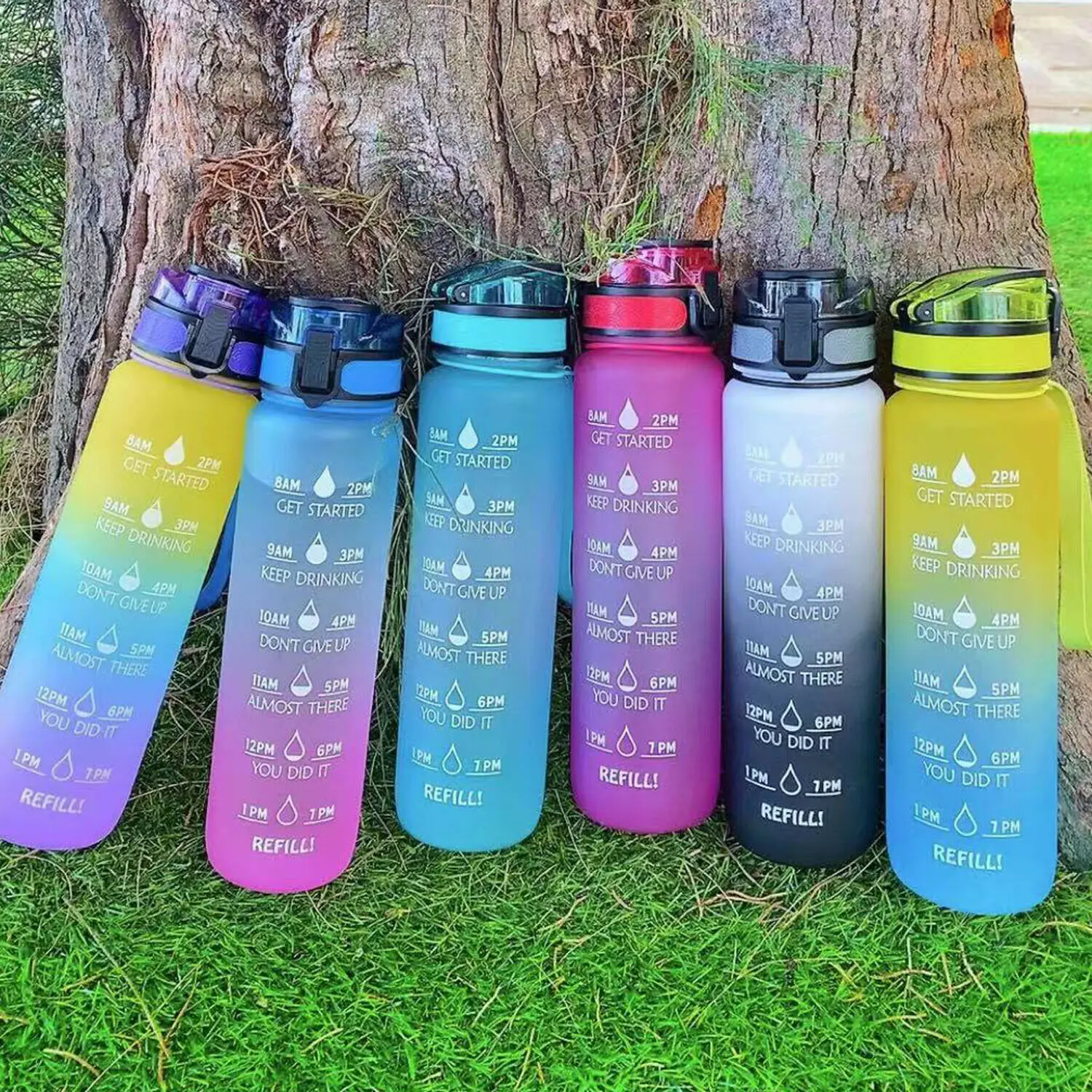 Custom Plastic Straw Strainer Filter Gym Sports 1L 32oz  BPA Free Tritan Motivational Water Bottle With Time Marker