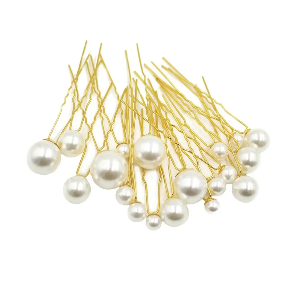 TB001 China handmade pearl hairpin set 18 pcs mixed size simple u shape alloy hot style hairpin for wedding