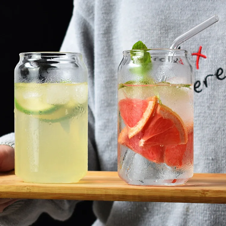 Stock Drinking Iced Coffee Soda Can Glasses Beer Glass Can Cups with Bamboo Lid and Glass Straws