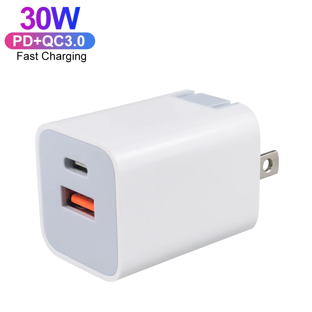 US Folding Plug ETL PPS Certification PD 30W+QC 3.0 18W Dual Port Fast Wall Charger For iPhone Samsung Xiaomi