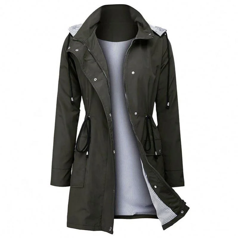 Factory Casual Hooded Collect Waist Rainwear Ms Long Windbreaker Rain Jacket In Women Trench Coat
