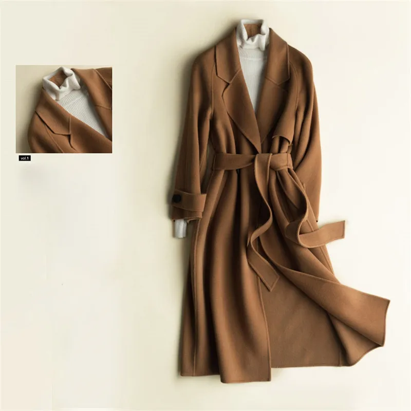 P18B154CH classic overcoat cashmere jacket full length with belt