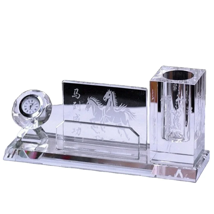 Wholesale crystal glass office stationery desk set with pen holder clock name card holder
