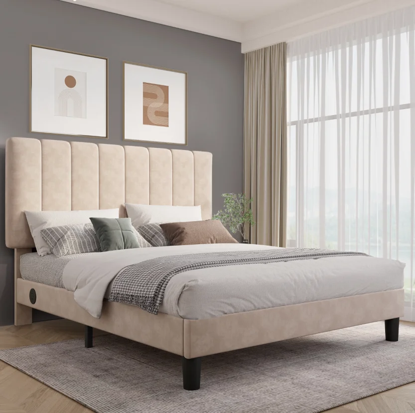 Custom Khaki Modern Twin  Bedroom Bed Sets Wrinkle Double Queen king Size Italian Designs Queen Fabric Storage Bed Frame