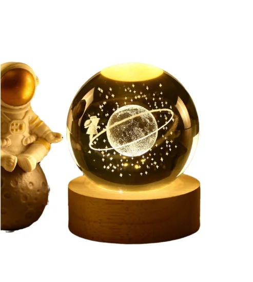 Solar System Planetary Laser 3D interior carved nightlight crystal ball with wood-based LED nightlight