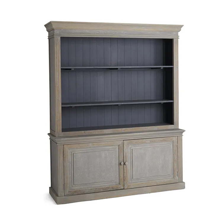 Norwegian Rustic Style Living Room Furniture Dark Blue Recycled Pine Wood Showcase Antique Wooden Display Cabinet