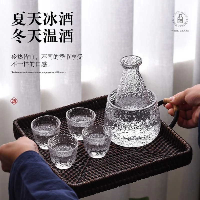 ZENS Sake Set Glasses 6.7 Ounce Sake Carafe Bottle with holder and 4 Saki Cup Set for Warmer or Cold Japanese Wine Warmer Sets