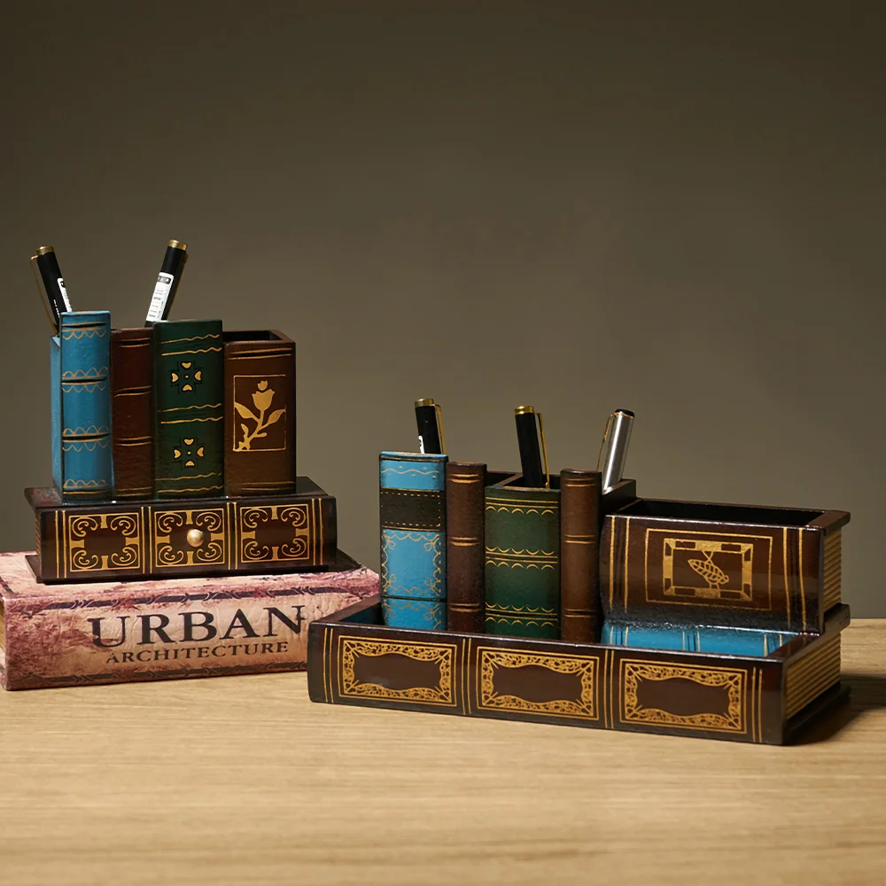 Custom office with desk pencil holder vintage book shaped bottom drawer to store pen
