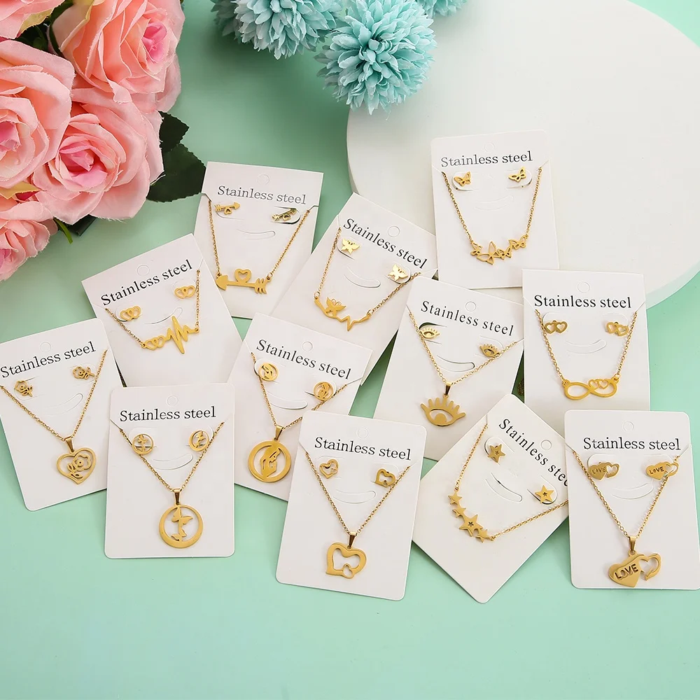 Stainless Steel ECG Pendant Butterfly Heart Charms Necklace Earrings Set for Women Gold Plated Wedding Jewelry Sets