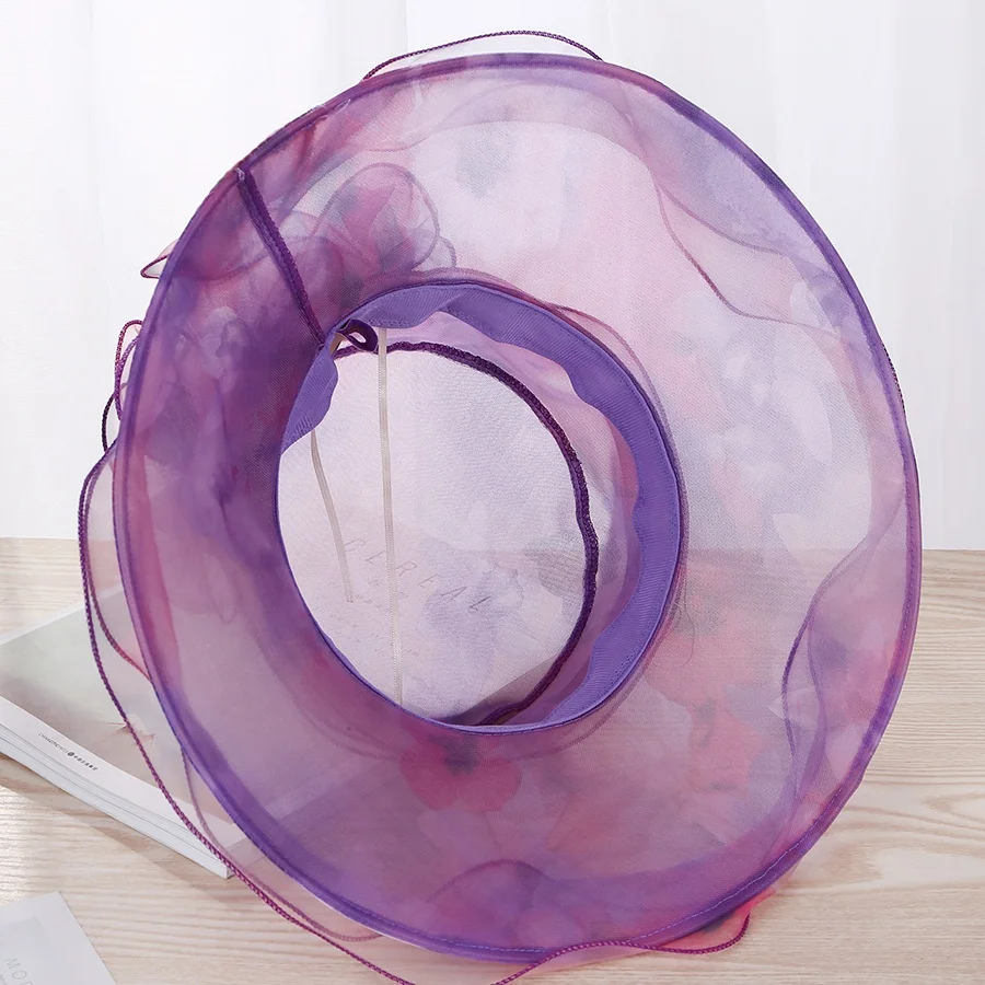 Western Style Wide Brim Women Church Kentucky Derby Fascinator For Tea Bride Dress Organza Mesh Party Wedding Hat