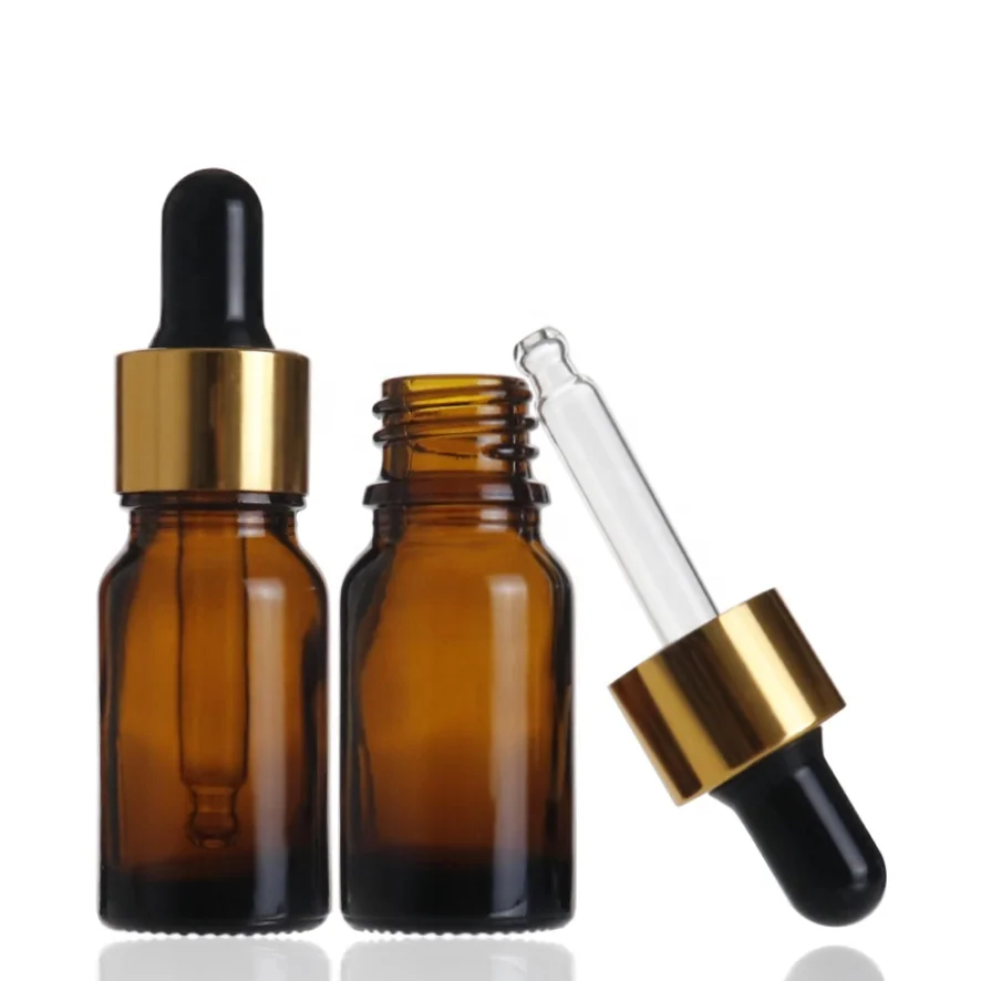 Empty amber round essential oil dropper 10ml glass bottle for perfume with golden metal plastic dropper
