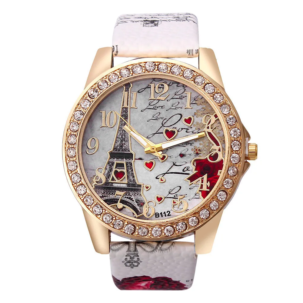Luxury Crystal Paris Eiffel Tower Watches Fashion Diamond Leather Belt Quartz Wrist Ladies Watches Women Luxury Gift Watch