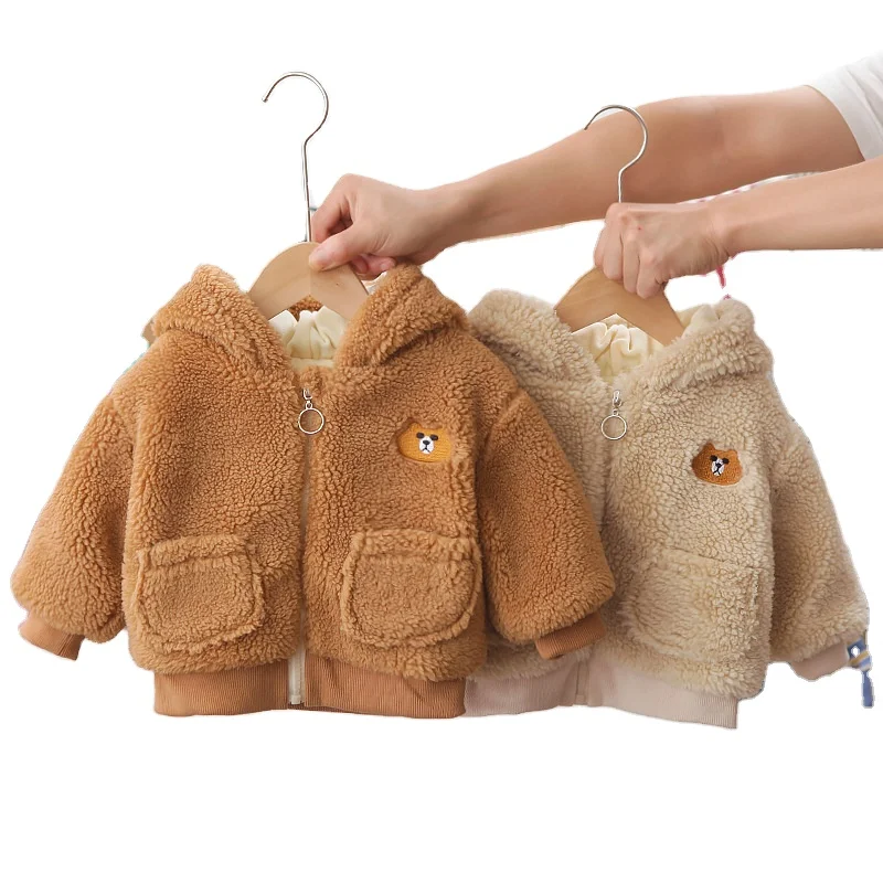 
Sunny Baby 0-4 T Children New Embroidered Bear Cartoon Casual Fashion Children Plus Velvet Thick Jacket 