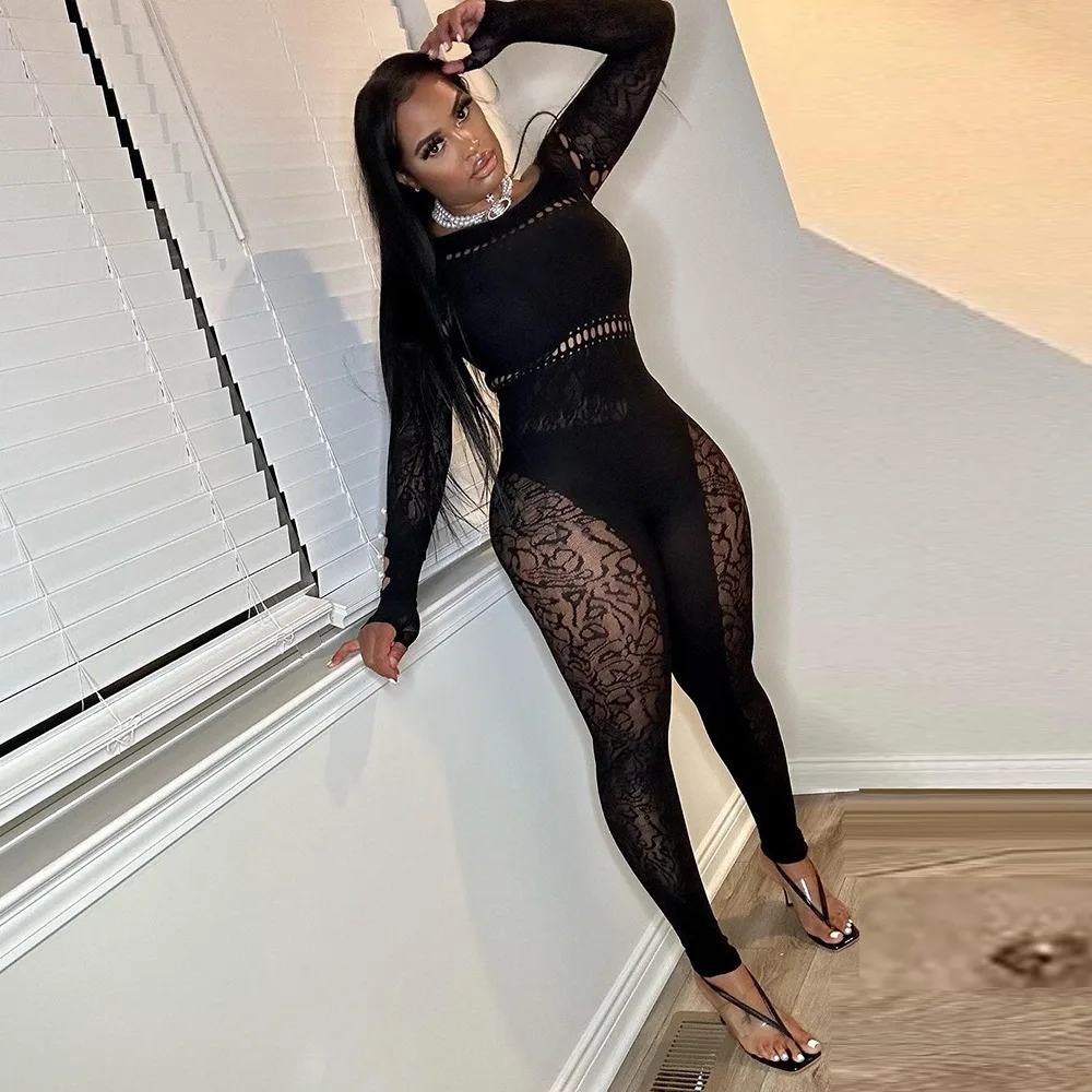 Peeqi 9833JD fashion women hollow out strapless lace mesh see through sexy lingerie jumpsuit one piece romper lady women