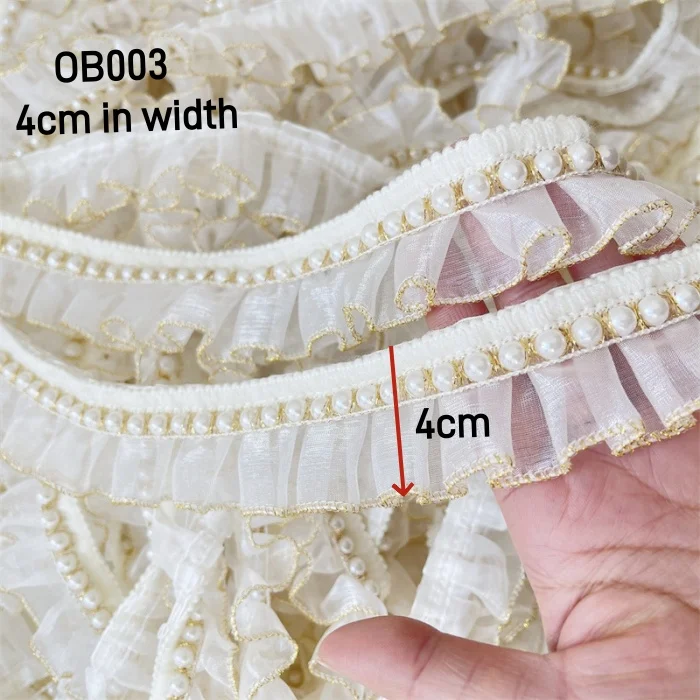 4cm Organza Tulle pleated Ribbon with pearls Polyester Ruffle lace Trims in white and gold for Dresses Garments DIY accessories