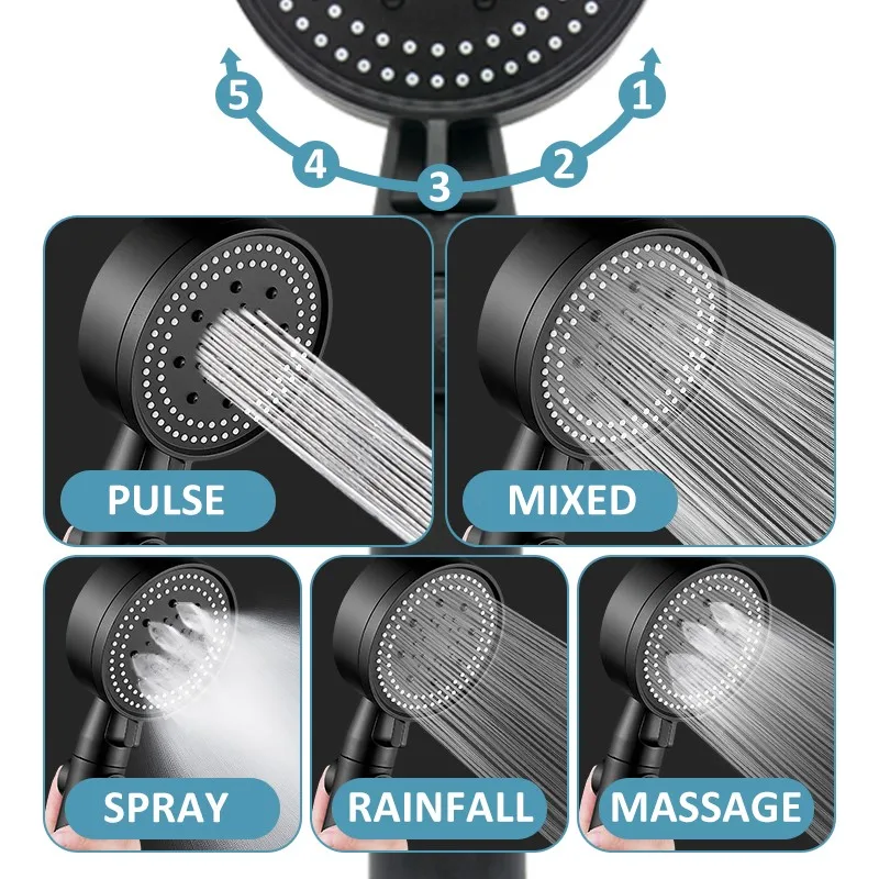 Hand Shower 5 Function Massage Water Temperature Turbine Shower Hand Heads 5 Modes