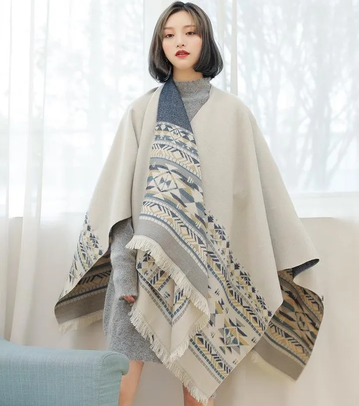 Large cashmere double side shawl geometric jacquard printed pocket thermal soft trim hood cape