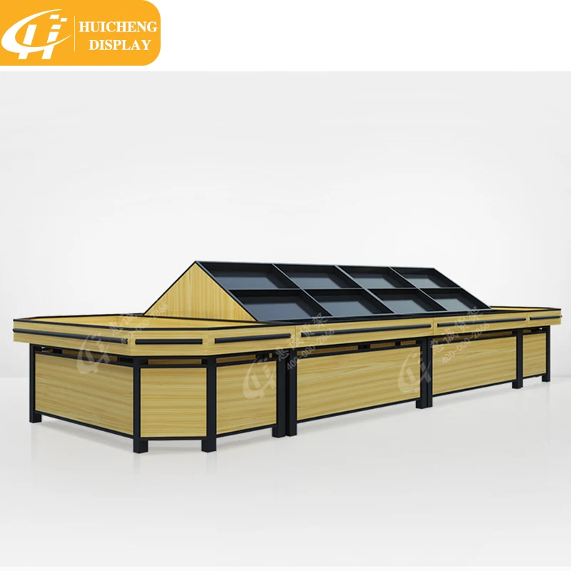 customized Supermarket wooden double sided Tilt-Top racks  Produce display table for vegetables