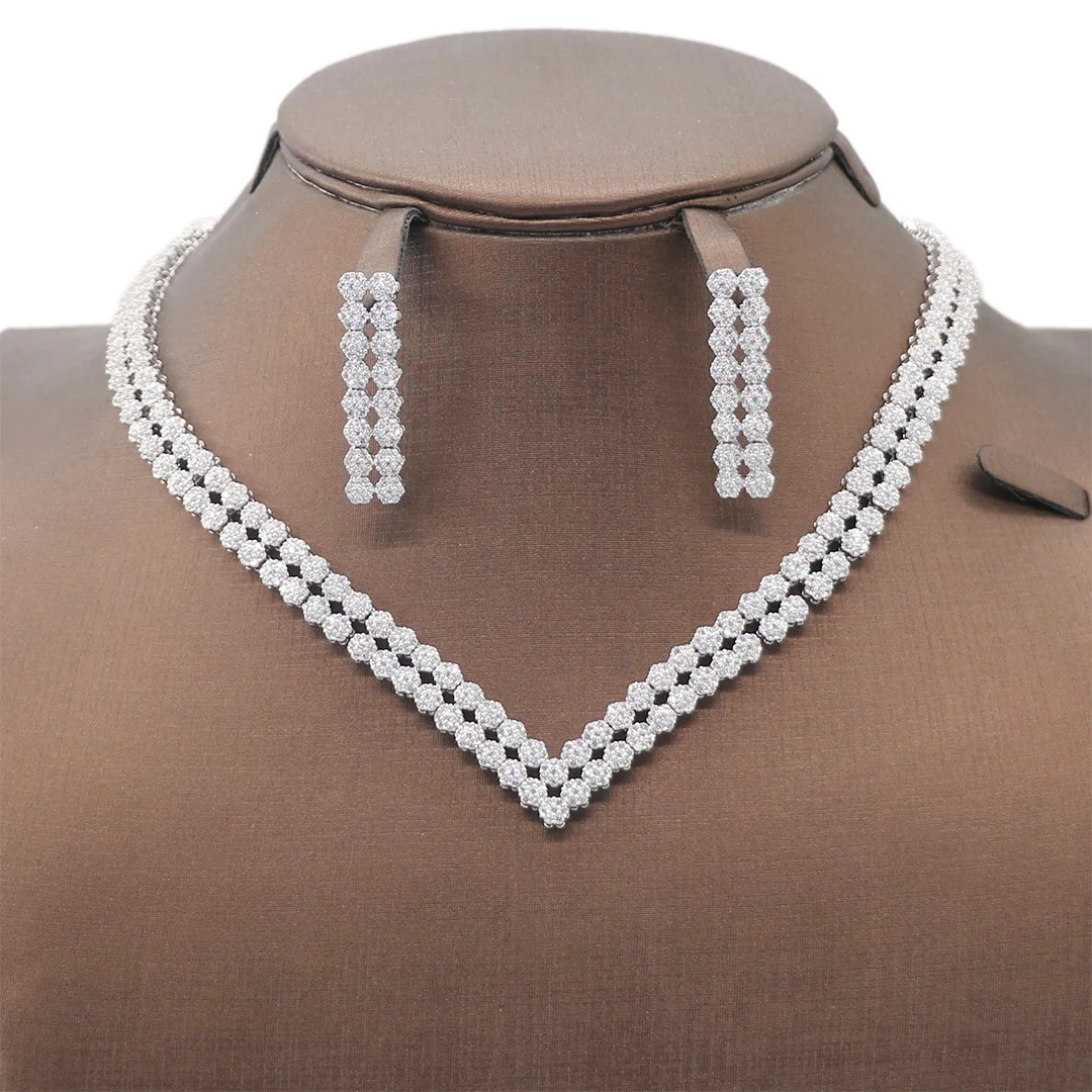 Bedazzled Copper+Alloy+Jewelry set stone silver plated earring necklace 4 piece cubic zirconia jewelry set for women and girls