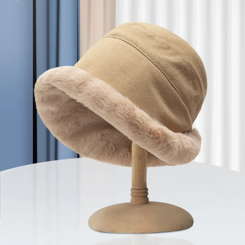 Hot Sale Autumn And Winter Women Cashmere Lamb Fur Fisherman Hat Thick Warm Plush Basin Hats Caps