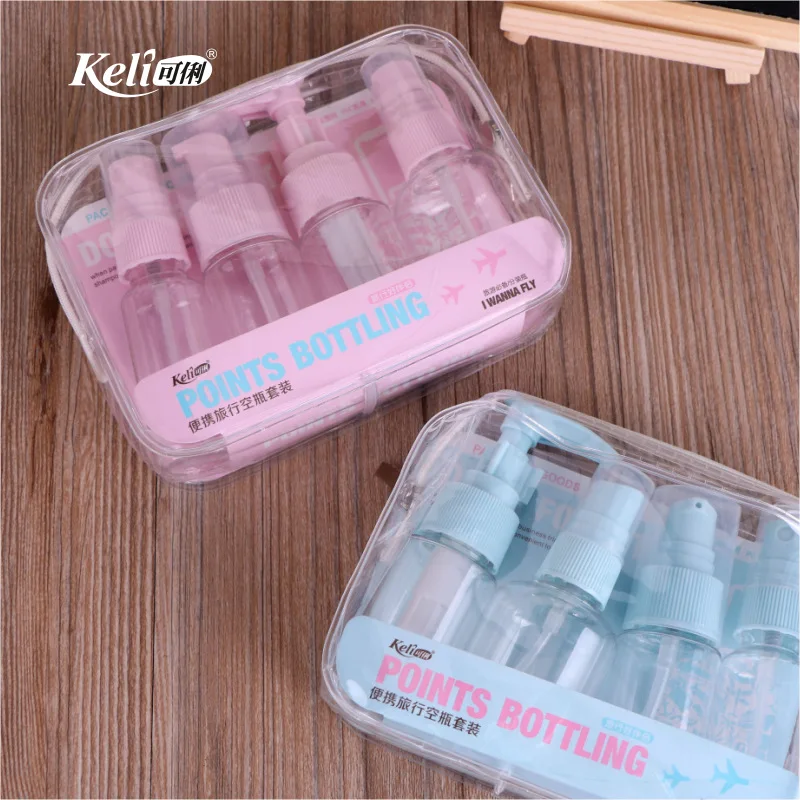 keli beauty cosmetic tools pink and blue color travel bottle set and empty plastic spray bottle supplier