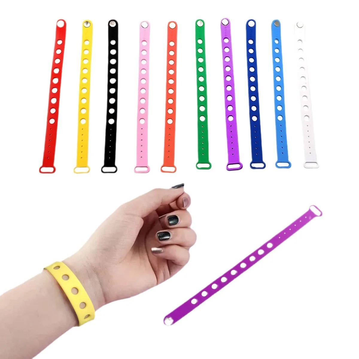 Hot selling 22.5cm Multicolor Soft Rubber silicone bracelets with holes Adjustable button sports Wristband anti-static bracelets