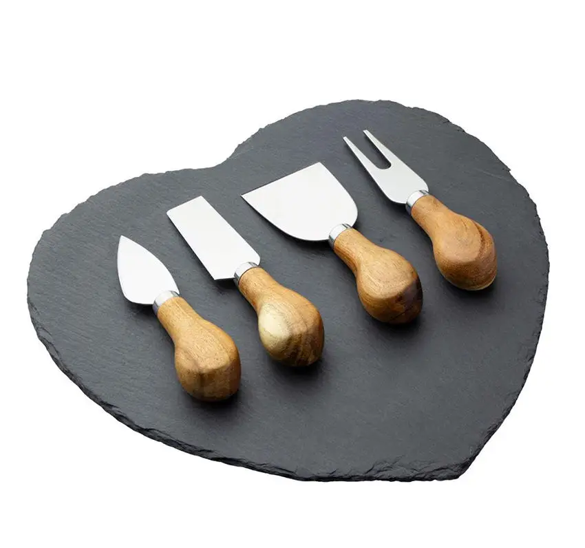 Large Size Heart Shaped Black Serving Tray Slate Cheese Board Set with 4 Stainless Steel Cheese Knife for Wedding Anniversary