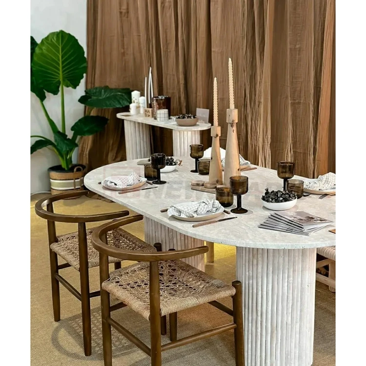 Newstar Simple Style Customized Dining Table Beige Travertine Oval Dining Table Round Marble Dining Room Table