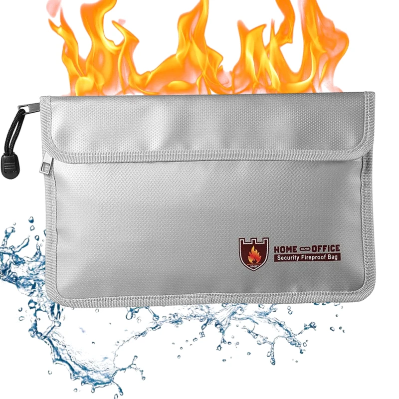 Fireproof Waterproof Two-Pocket Document Bag Zippers Secure Valuables Storage Pouch Cash File Fire Resistant Money Security