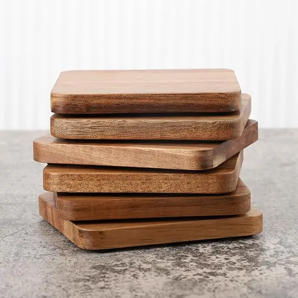 Acacia Wood Cup Drink Coasters with Holder Set of 6 Heat-resistant Non-slip Tabletop Protection Custom Square Serving Tray
