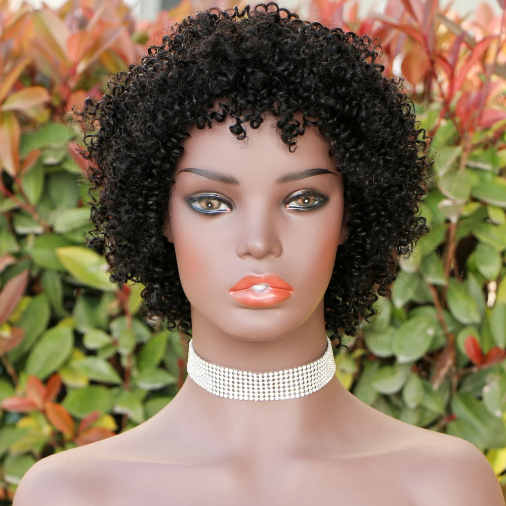 Pixie Cut Human Hair Wigs For Black Women Afro Rose Curly Funmi Glueless Wigs with Bangs Short Bouncy Curly Bob Wig With Bang