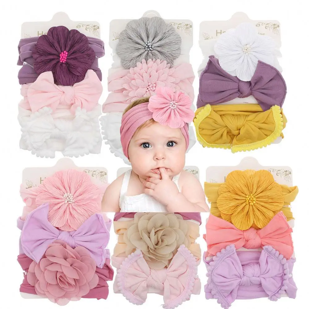 Wholesale 3Pcs/Set Soft Nylon Elastic Baby Headband Bows Knotted Solid Color Newborn Baby Girl Headbands Hair Accessories D0648