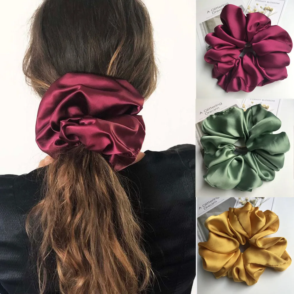 Oversized Scrunchies Ties Satin Women Elastic Bands Womens Fabric Ponytail Band Plain Color Hair Tie
