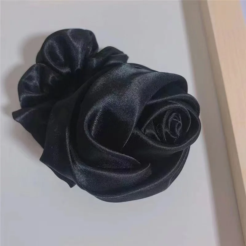 French vintage creamy flower scrunchies hair bands hot seller luxury romantic handmade white big rose satin silk scrunchy girls