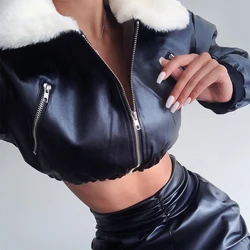 Leather Fur Turn Down Collar Long Sleeve Zipper Cropped Cotton Coats 2021 Winter Women Streetwear Windbreak Moto Jacket