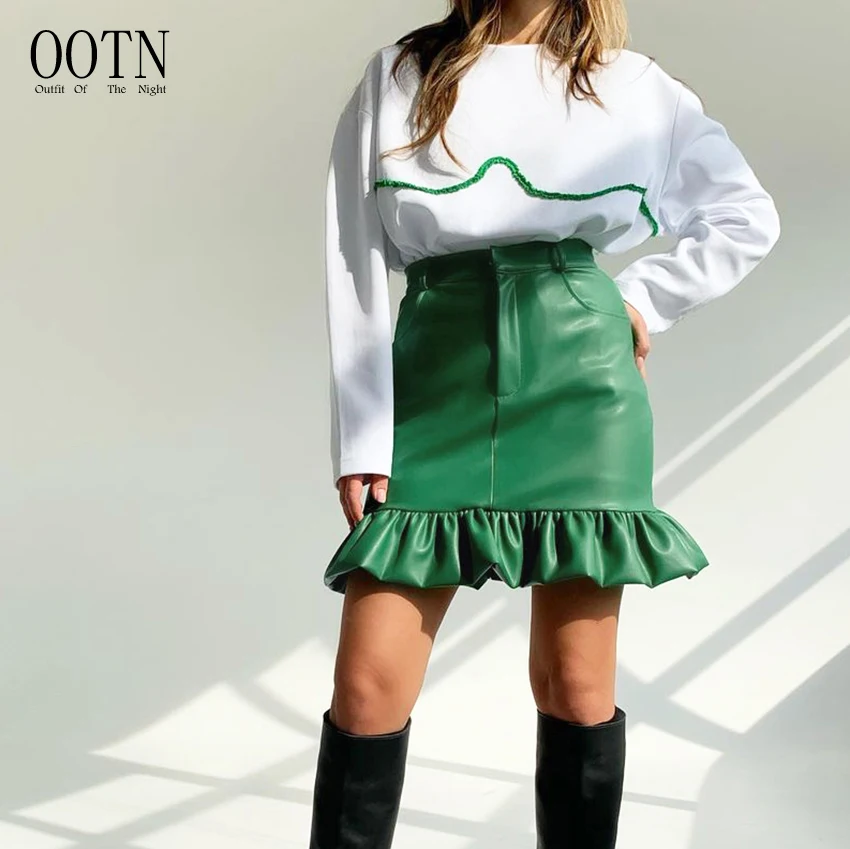 OOTN Women Pocket Leather High Street Wild Skirt Slim Autumn Trendy Pleated Zipper Mini Skirts Ruffled High Waist Green PU Skirt