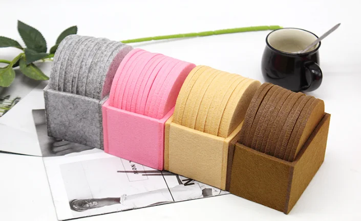 Colorful 10 cm Laser Cut Felt round and Square Glass Coasters with Holder Shaped Felt Placemats for Wholesale Use