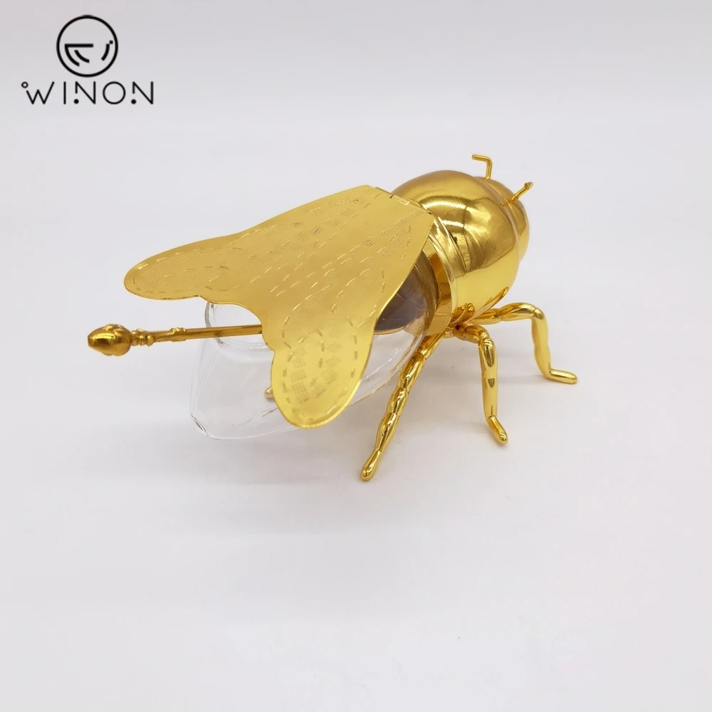 Classics Design Golden Plate Bee shape special tabletop decor honey jar restaurant metal crafts sugar salt sweet pot with spoon