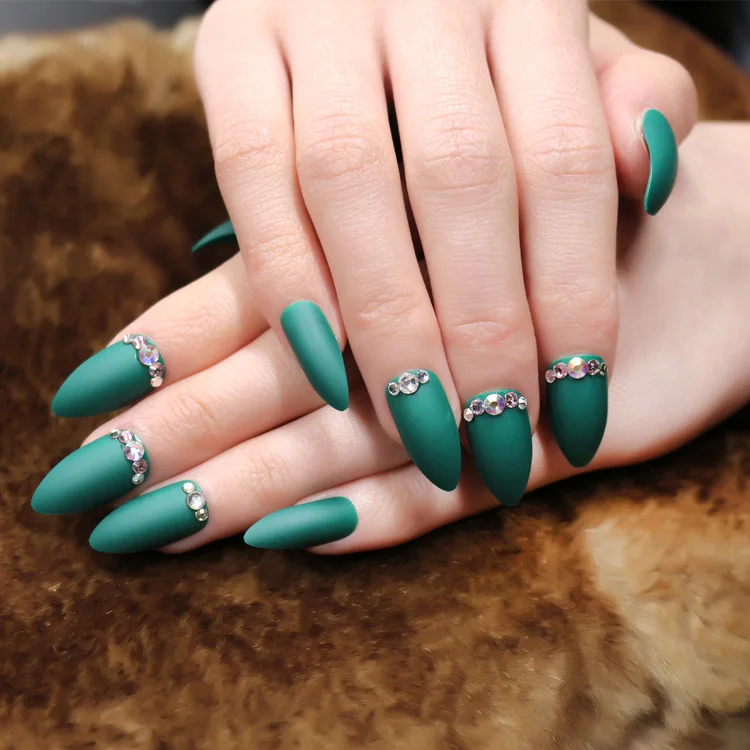 NEWAIR 24pcs/box pre-designed nails tip 3D matte green stiletto full cover nail tip artificial false finger ABS