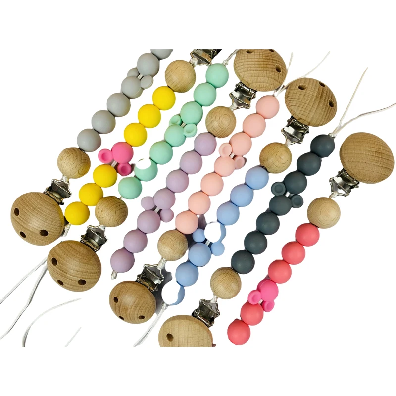 New simple beech wooden baby bite Pacifier Clip silicone pacifier chain molar toy anti falling chain