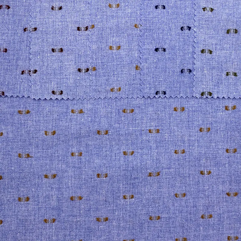 SS2024 men shirt woven plumetis cutting motif yarn dyed denim blue colors 50% cotton 40% poly 10% linen blended fabric