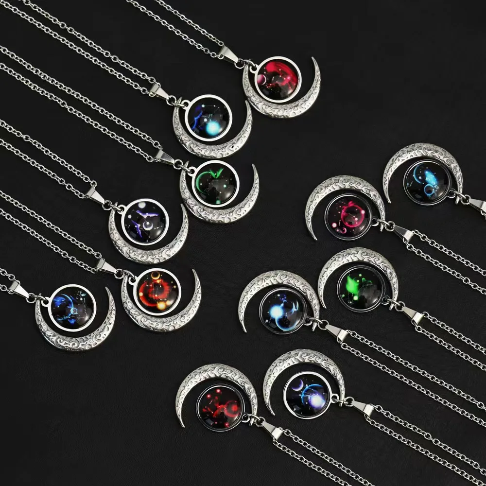 Fashion Style Twelve Constellations Luminous Glass Necklace Moon & Star Pendant for Party & Gift